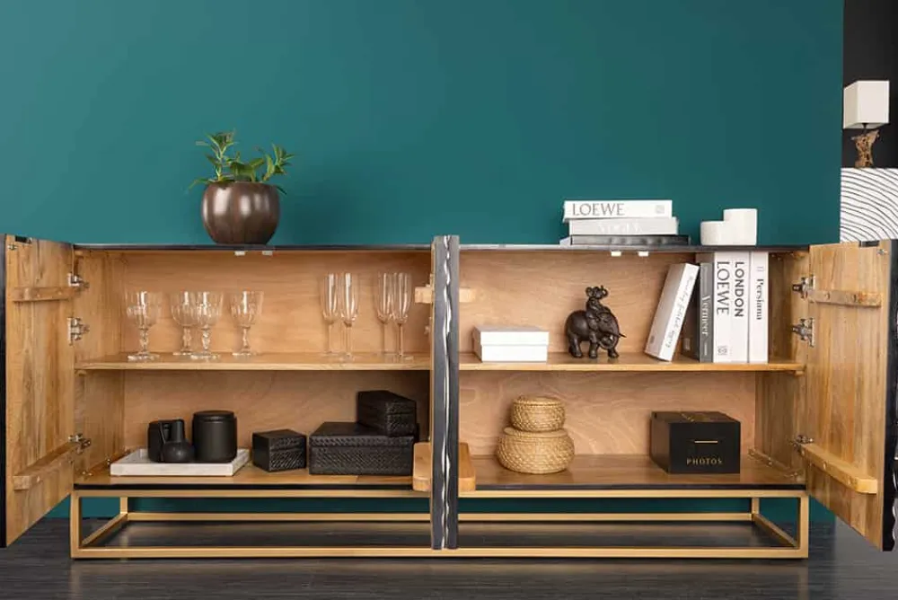 Riess-Ambiente Mehr...|Massivholzschränke > Massives Sideboard ZEN CIRCLES 180cm weiß schwarz gold Mangoholz 3D-Design