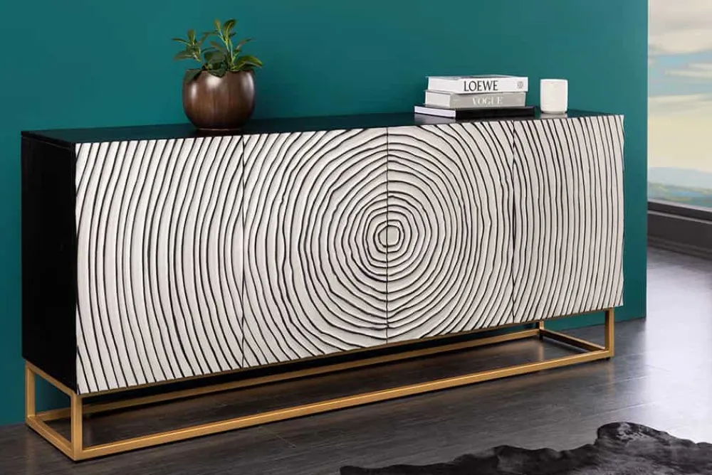 Riess-Ambiente Mehr...|Massivholzschränke > Massives Sideboard ZEN CIRCLES 180cm weiß schwarz gold Mangoholz 3D-Design