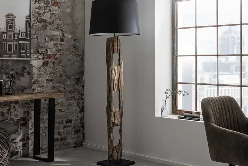 Riess-Ambiente Mehr...|Mehr... > Massive Stehlampe BARRACUDA 177cm natur Akazie Baumwollschirm schwarz Baumstamm