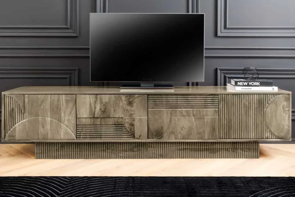Riess-Ambiente Skandinavisch|Tv- & Lowboards > Massives TV-Board ART DECO 200cm grau Mangoholz Lowboard 3D-Front
