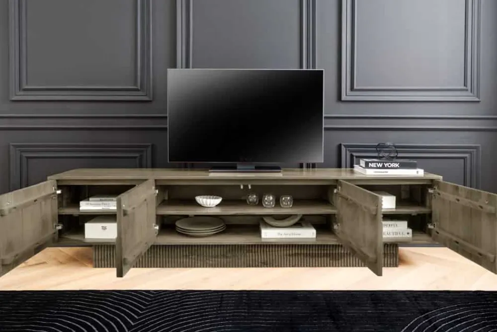 Riess-Ambiente Skandinavisch|Tv- & Lowboards > Massives TV-Board ART DECO 200cm grau Mangoholz Lowboard 3D-Front