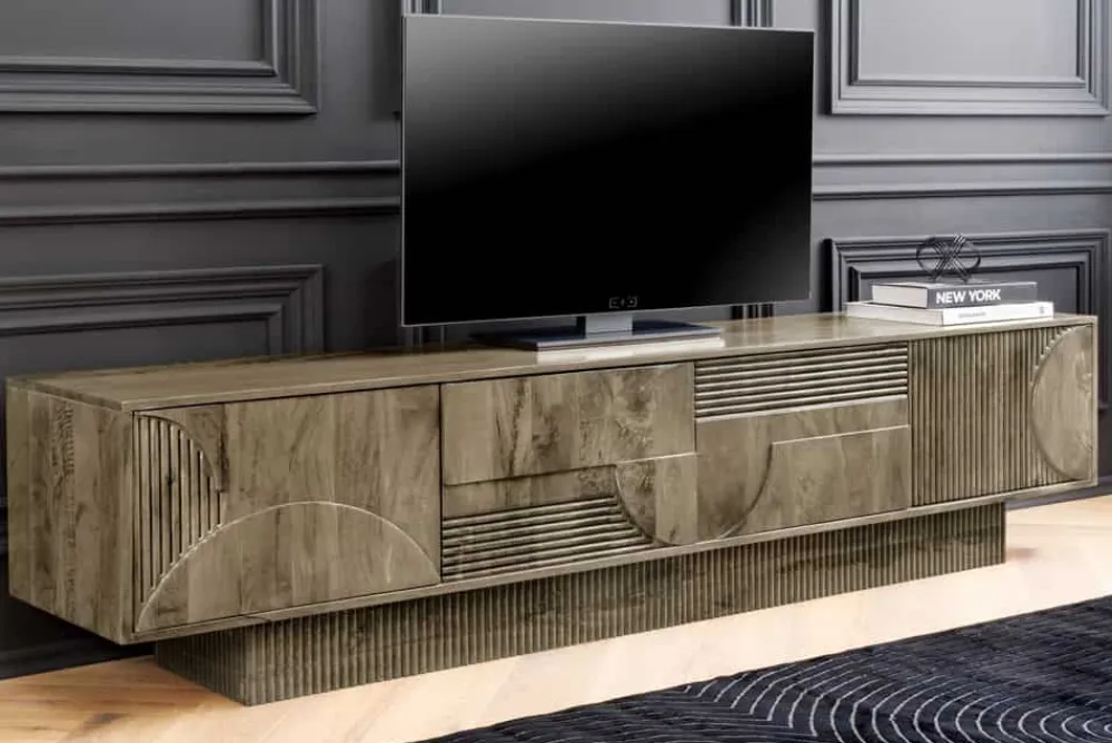 Riess-Ambiente Skandinavisch|Tv- & Lowboards > Massives TV-Board ART DECO 200cm grau Mangoholz Lowboard 3D-Front