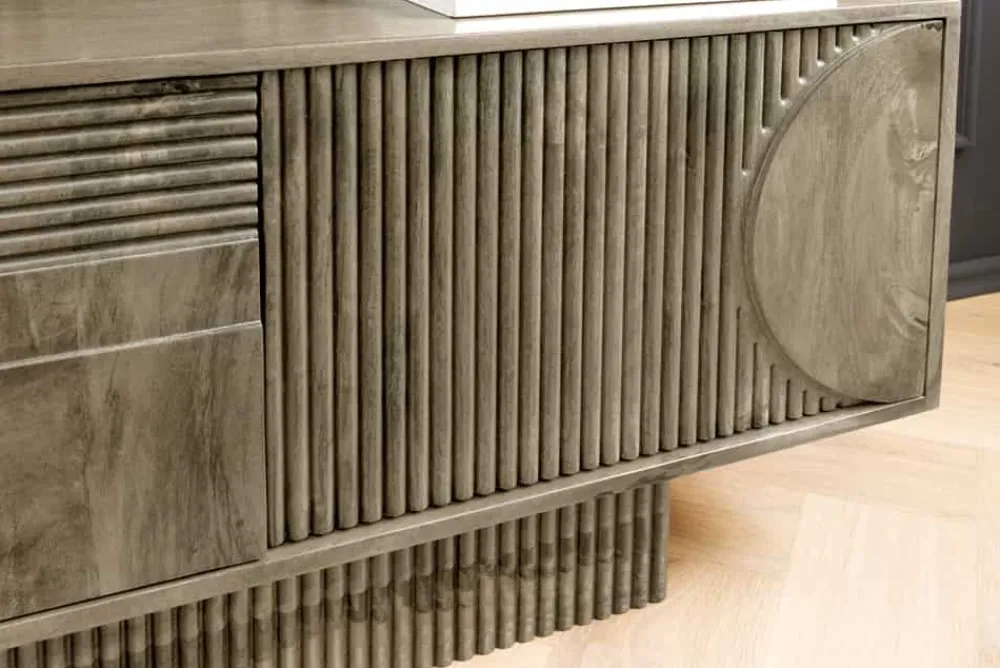 Riess-Ambiente Skandinavisch|Tv- & Lowboards > Massives TV-Board ART DECO 200cm grau Mangoholz Lowboard 3D-Front