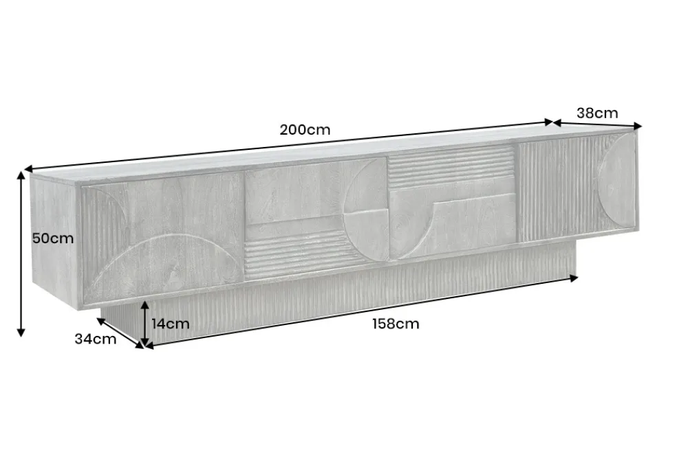 Riess-Ambiente Skandinavisch|Tv- & Lowboards > Massives TV-Board ART DECO 200cm grau Mangoholz Lowboard 3D-Front