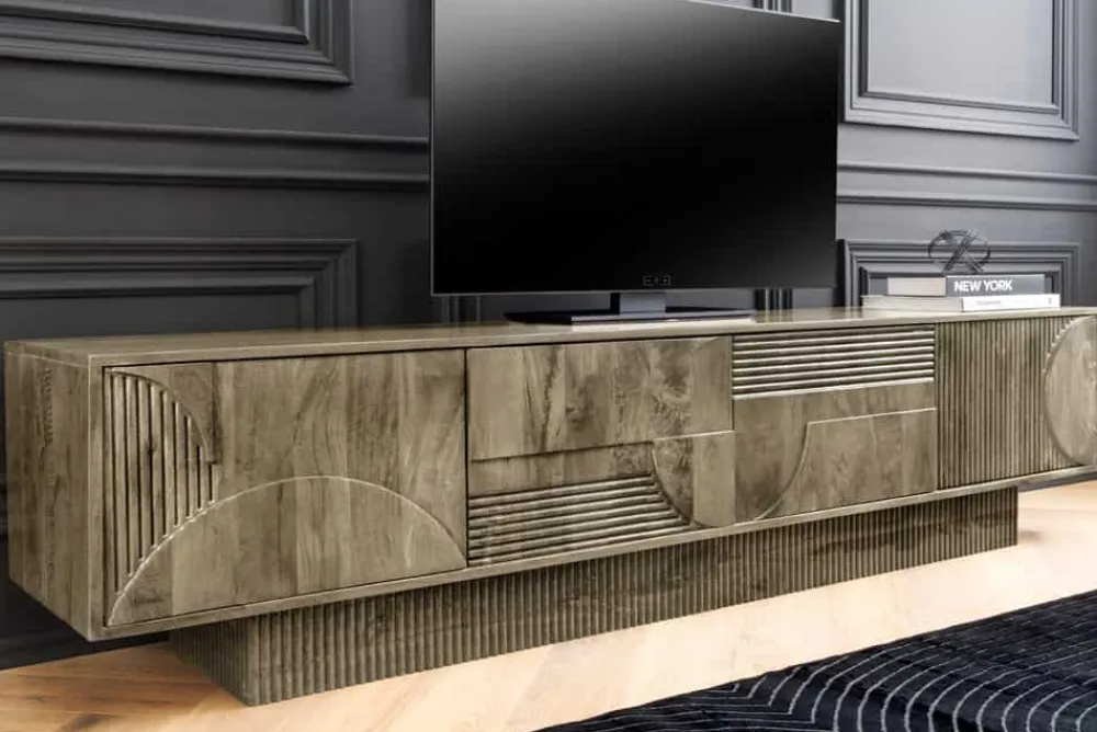 Riess-Ambiente Skandinavisch|Tv- & Lowboards > Massives TV-Board ART DECO 200cm grau Mangoholz Lowboard 3D-Front