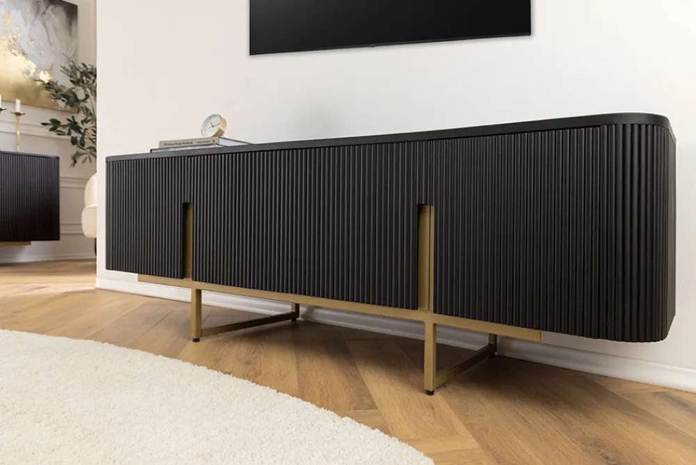 Riess-Ambiente Retro Möbel|Tv- & Lowboards > Massives TV-Board GATSBY 160cm schwarz gold Mangoholz Retro Lowboard