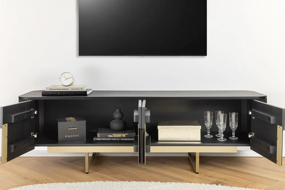 Riess-Ambiente Retro Möbel|Tv- & Lowboards > Massives TV-Board GATSBY 160cm schwarz gold Mangoholz Retro Lowboard