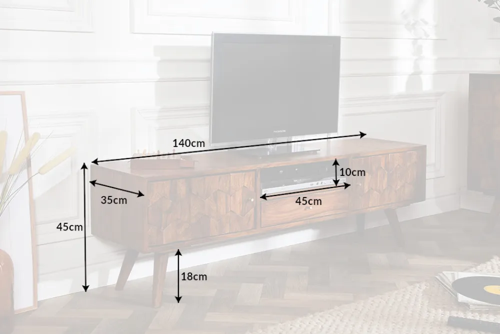 Riess-Ambiente Mehr...|Retro Möbel > Massives TV-Board MYSTIC LIVING 140cm braun Sheesham Massivholz stone finish 3D -Front