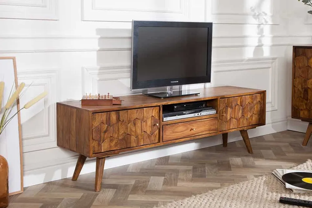 Riess-Ambiente Mehr...|Retro Möbel > Massives TV-Board MYSTIC LIVING 140cm braun Sheesham Massivholz stone finish 3D -Front