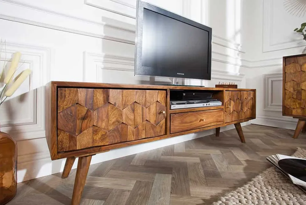 Riess-Ambiente Mehr...|Retro Möbel > Massives TV-Board MYSTIC LIVING 140cm braun Sheesham Massivholz stone finish 3D -Front