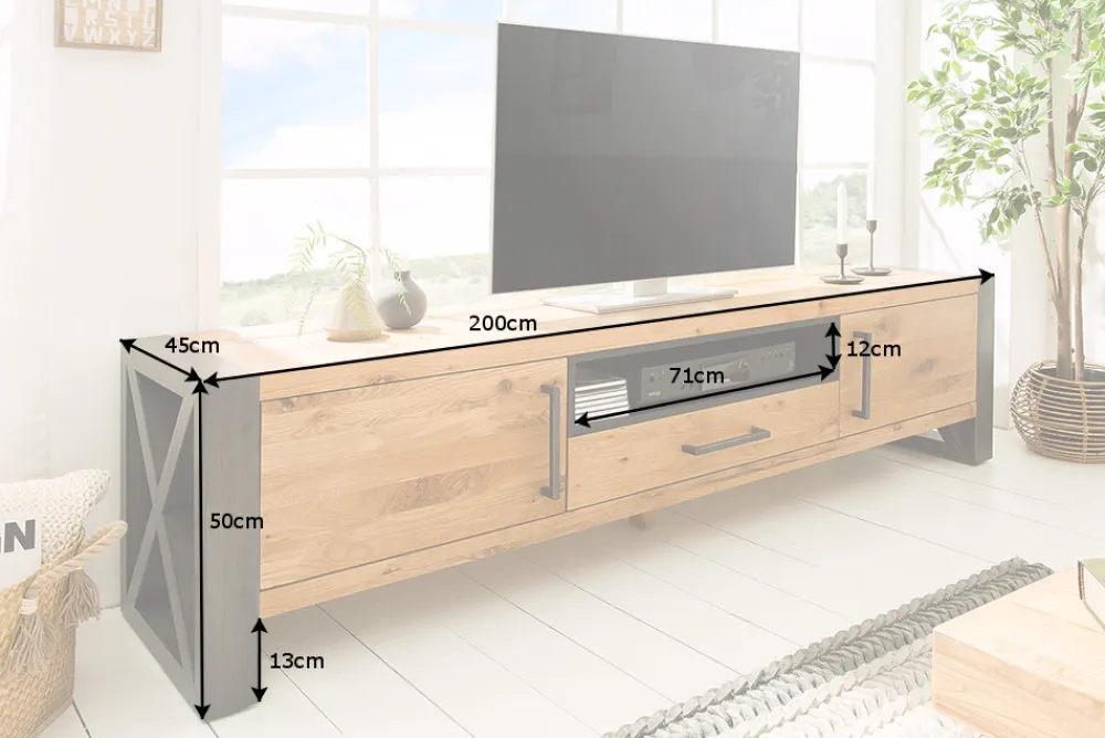 Riess-Ambiente Mehr...|Industrial Loft > Massives TV-Board THOR 200cm Wild Eiche geölt Lowboard im Industrial Design