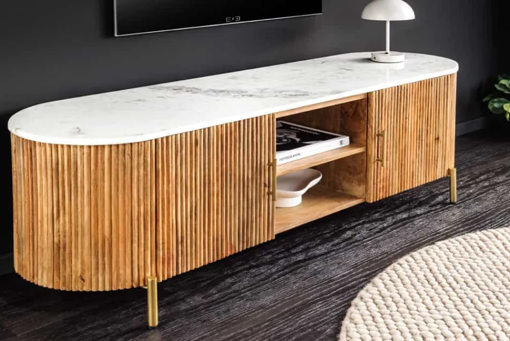 Riess-Ambiente Retro Möbel|Tv- & Lowboards > Massives TV-Board TRES CHIC 140cm natur Mangoholz weiß Marmor mit viel Stauraum