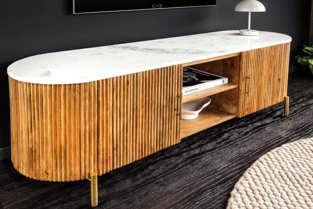 Riess-Ambiente Retro Möbel|Tv- & Lowboards > Massives TV-Board TRES CHIC 140cm natur Mangoholz weiß Marmor mit viel Stauraum