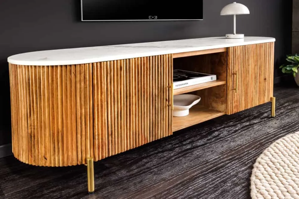 Riess-Ambiente Retro Möbel|Tv- & Lowboards > Massives TV-Board TRES CHIC 140cm natur Mangoholz weiß Marmor mit viel Stauraum