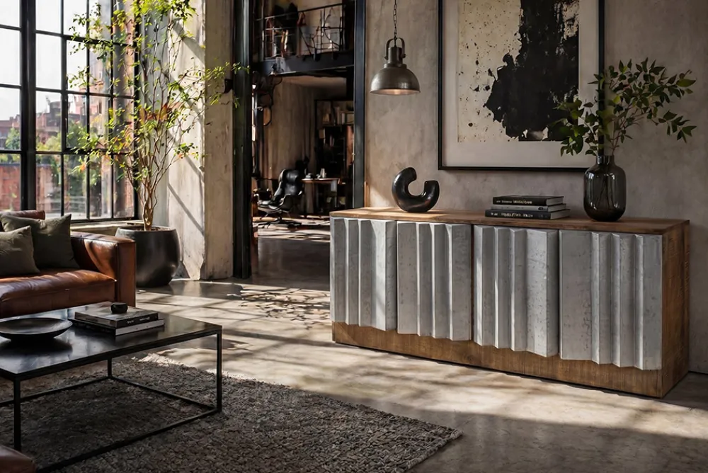 Riess-Ambiente Industrial Loft|Tv- & Lowboards > Massives TV-Board ZALVERO 150cm natur silber Mangoholz mit Metall-Aluminium Front