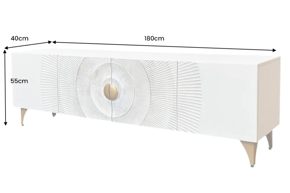Riess-Ambiente Mehr...|Goldene Möbel > Massives TV-Lowboard GOLDEN SUNSET 180cm weiß gold Mangoholz 3D Schnitzereien Metallfüße