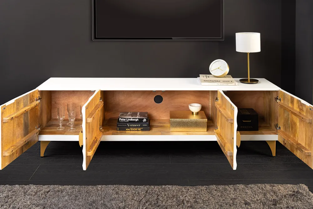 Riess-Ambiente Mehr...|Goldene Möbel > Massives TV-Lowboard GOLDEN SUNSET 180cm weiß gold Mangoholz 3D Schnitzereien Metallfüße