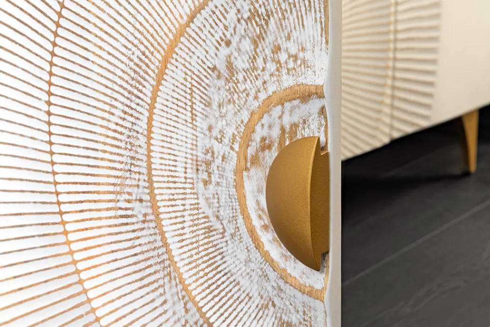 Riess-Ambiente Mehr...|Goldene Möbel > Massives TV-Lowboard GOLDEN SUNSET 180cm weiß gold Mangoholz 3D Schnitzereien Metallfüße