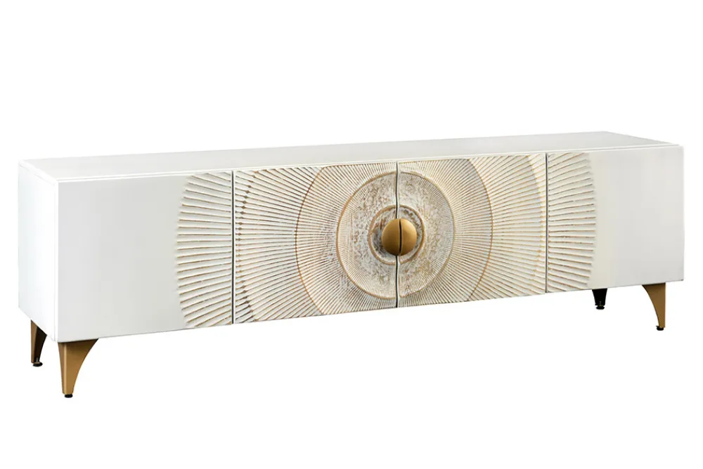 Riess-Ambiente Mehr...|Goldene Möbel > Massives TV-Lowboard GOLDEN SUNSET 180cm weiß gold Mangoholz 3D Schnitzereien Metallfüße