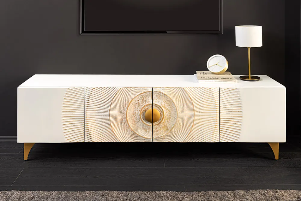 Riess-Ambiente Mehr...|Goldene Möbel > Massives TV-Lowboard GOLDEN SUNSET 180cm weiß gold Mangoholz 3D Schnitzereien Metallfüße