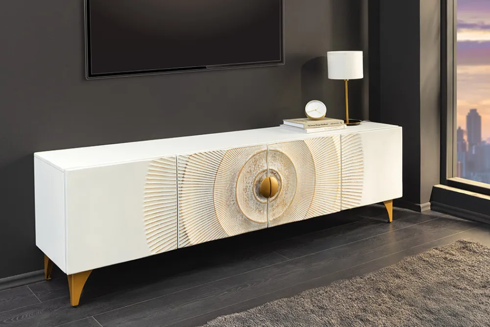 Riess-Ambiente Mehr...|Goldene Möbel > Massives TV-Lowboard GOLDEN SUNSET 180cm weiß gold Mangoholz 3D Schnitzereien Metallfüße