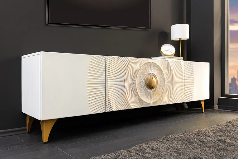 Riess-Ambiente Mehr...|Goldene Möbel > Massives TV-Lowboard GOLDEN SUNSET 180cm weiß gold Mangoholz 3D Schnitzereien Metallfüße
