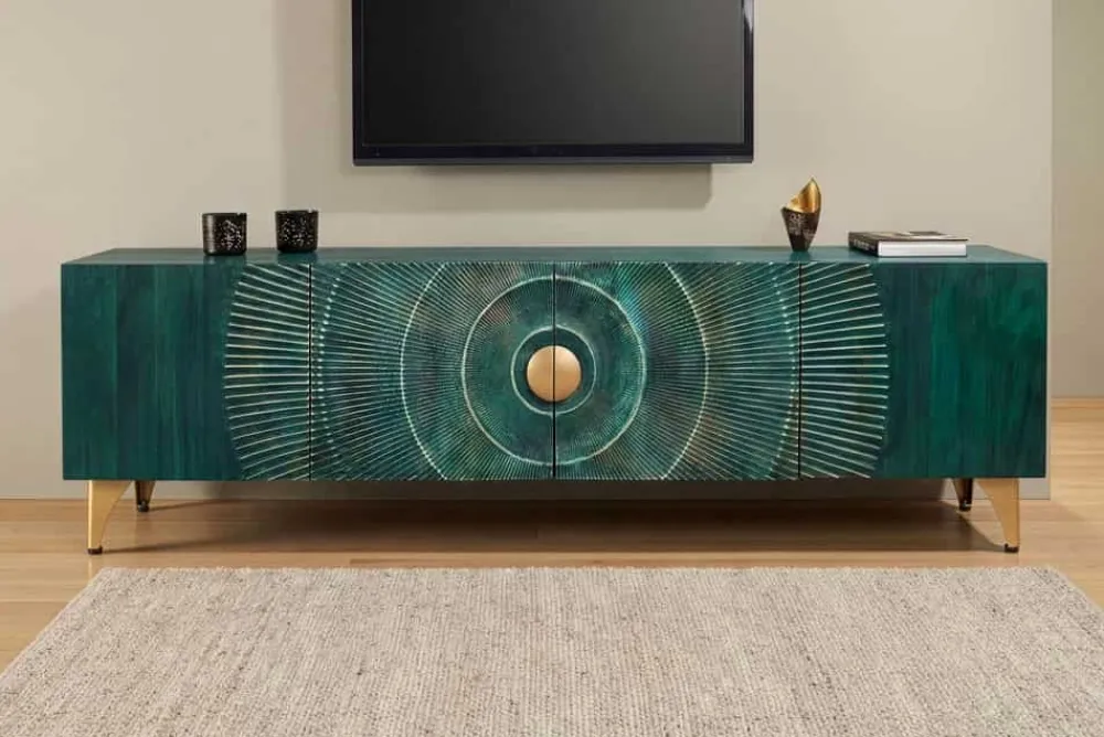 Riess-Ambiente Mehr...|Massivholzschränke > Massives TV-Lowboard GOLDEN SUNSET 180cm türkis 3D-Schnitzereien gold Mangoholz Metall