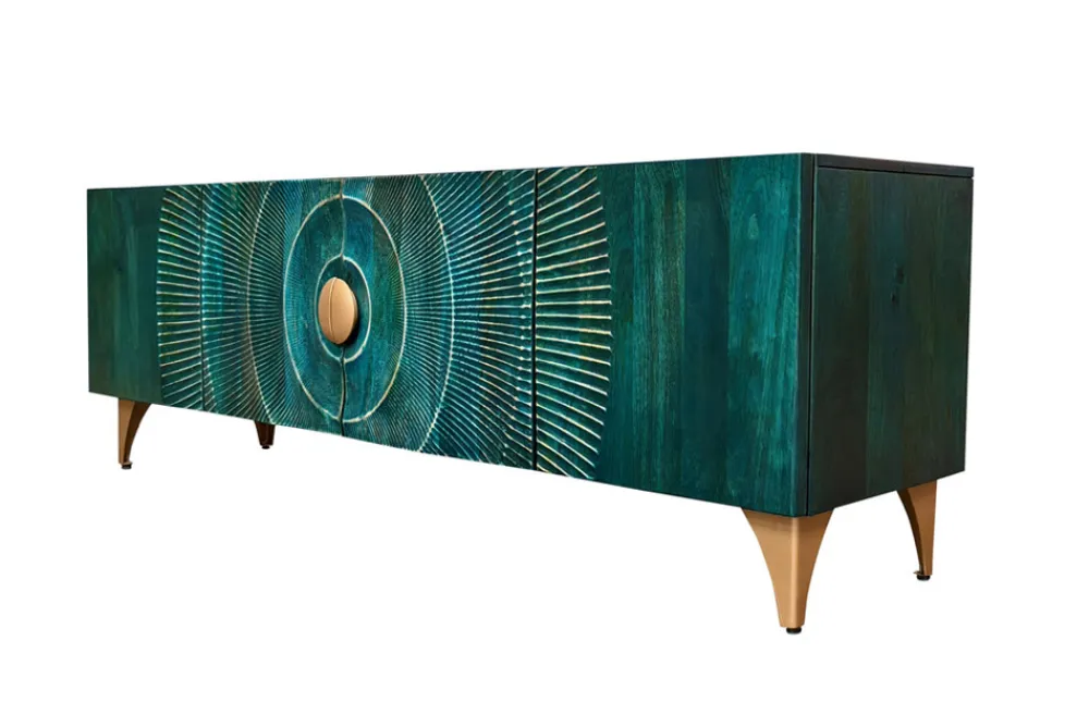 Riess-Ambiente Mehr...|Massivholzschränke > Massives TV-Lowboard GOLDEN SUNSET 180cm türkis 3D-Schnitzereien gold Mangoholz Metall