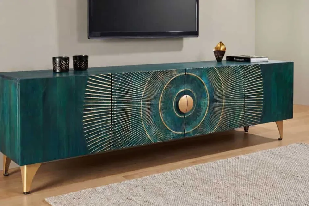 Riess-Ambiente Mehr...|Massivholzschränke > Massives TV-Lowboard GOLDEN SUNSET 180cm türkis 3D-Schnitzereien gold Mangoholz Metall