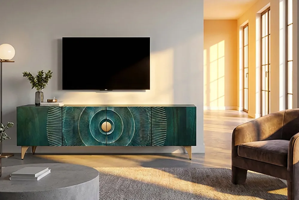 Riess-Ambiente Mehr...|Massivholzschränke > Massives TV-Lowboard GOLDEN SUNSET 180cm türkis 3D-Schnitzereien gold Mangoholz Metall