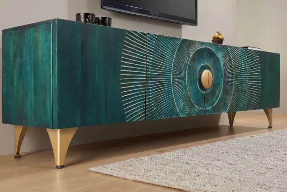 Riess-Ambiente Mehr...|Massivholzschränke > Massives TV-Lowboard GOLDEN SUNSET 180cm türkis 3D-Schnitzereien gold Mangoholz Metall