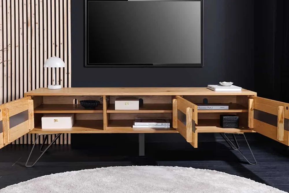 Riess-Ambiente Industrial Loft|Tv- & Lowboards > Massives TV-Lowboard LIVING EDGE 160cm natur Eichenholz Baumkante mit Hairpin Legs