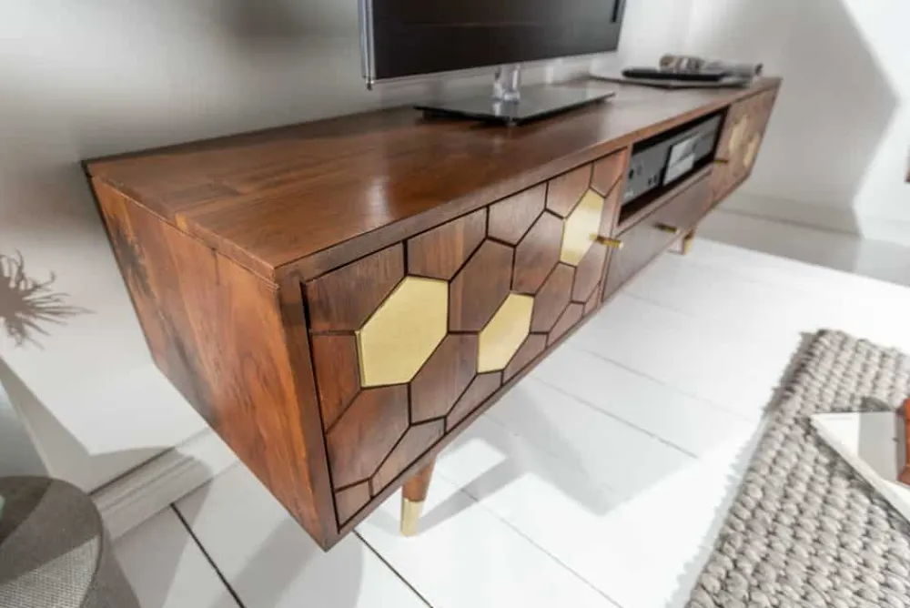 Riess-Ambiente Goldene Möbel|Tv- & Lowboards > Massives TV-Lowboard MYSTIC LIVING 140cm Akazie braun gold Retro Design