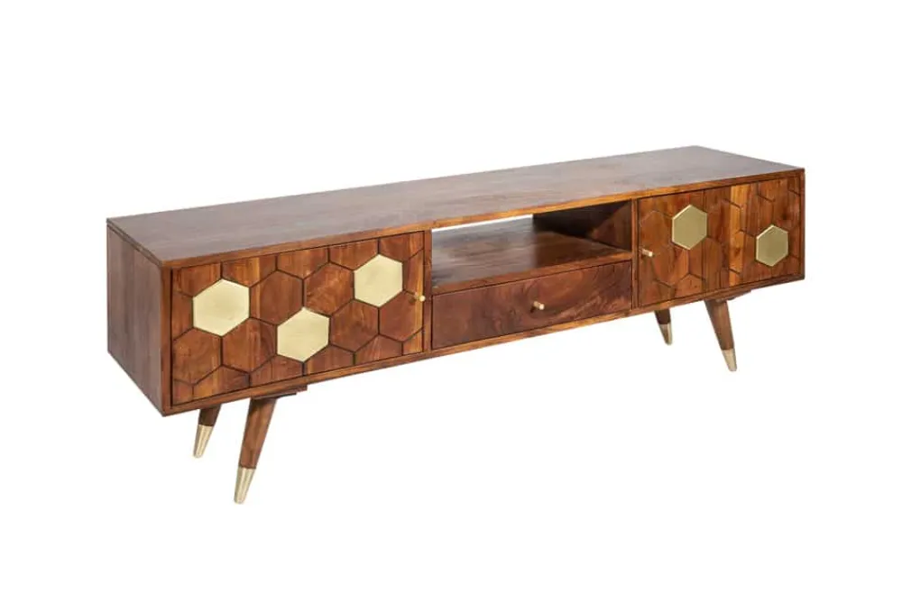 Riess-Ambiente Goldene Möbel|Tv- & Lowboards > Massives TV-Lowboard MYSTIC LIVING 140cm Akazie braun gold Retro Design