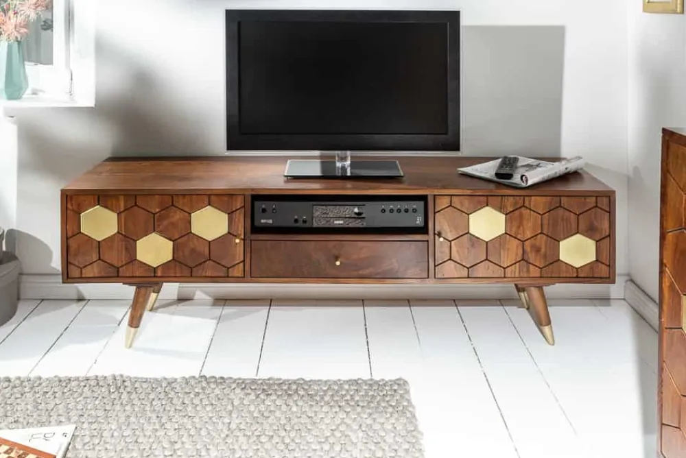 Riess-Ambiente Goldene Möbel|Tv- & Lowboards > Massives TV-Lowboard MYSTIC LIVING 140cm Akazie braun gold Retro Design