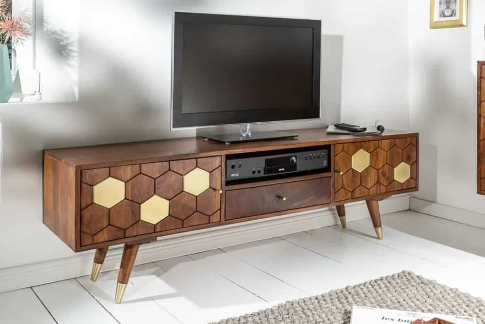 Riess-Ambiente Goldene Möbel|Tv- & Lowboards > Massives TV-Lowboard MYSTIC LIVING 140cm Akazie braun gold Retro Design