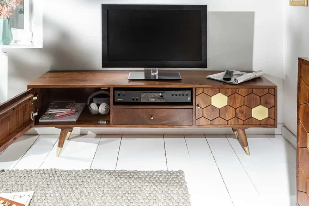 Riess-Ambiente Goldene Möbel|Tv- & Lowboards > Massives TV-Lowboard MYSTIC LIVING 140cm Akazie braun gold Retro Design