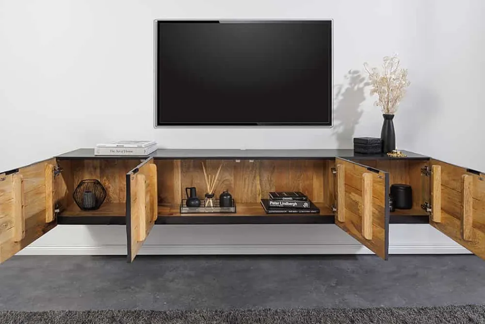 Riess-Ambiente Mehr...|Massivholzschränke > Massives TV-Lowboard SCORPION 200cm schwarz hängend Mangoholz 3D-Design