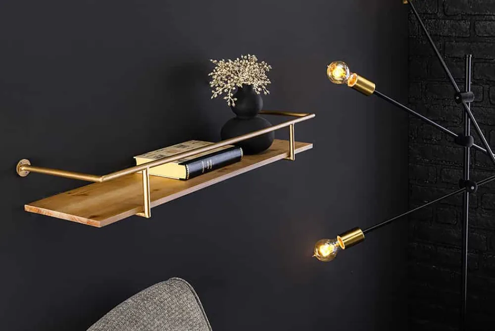 Riess-Ambiente Wandregale > Massives Wandregal HERITAGE 75cm natur Pinienholz gold Metall