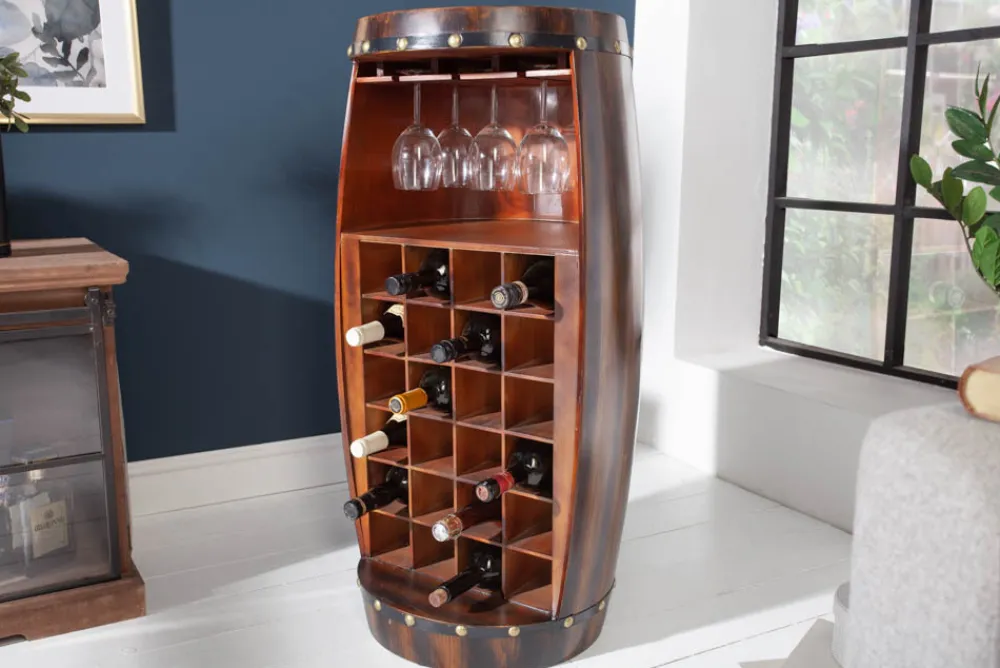 Riess-Ambiente Weinregale|Barschränke > Massives Weinregal BODEGA 97cm coffee braun Pinie Fass-Bartisch für 24 Flaschen