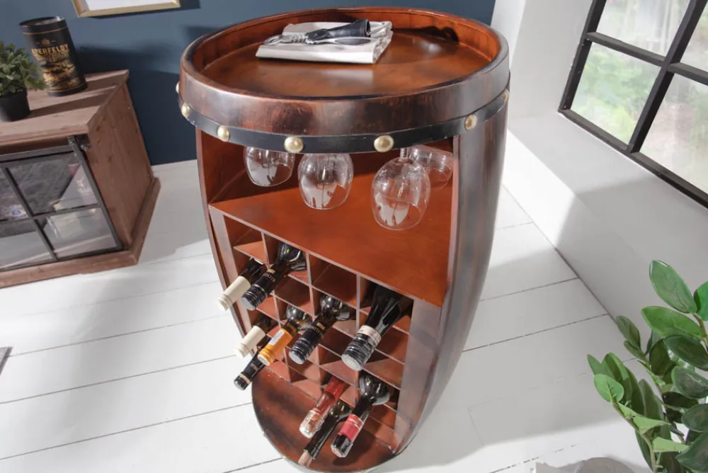 Riess-Ambiente Weinregale|Barschränke > Massives Weinregal BODEGA 97cm coffee braun Pinie Fass-Bartisch für 24 Flaschen