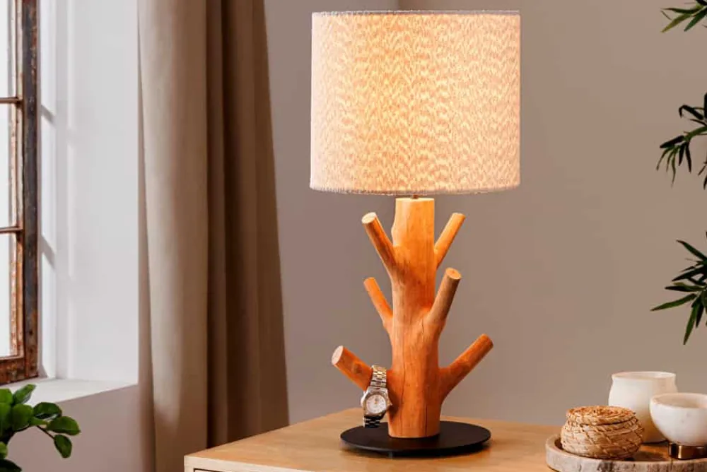 Riess-Ambiente Tischlampen > Massive Tischlampe JEWELRY 60cm natur Mangostanholz weißer Stoffschirm