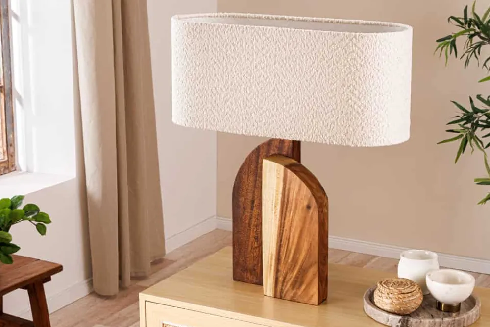 Riess-Ambiente Tischlampen > Massive Tischlampe LOVERS 60cm natur Regenbaumholz weißer Stoffschirm