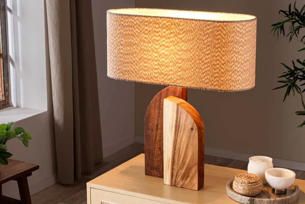 Riess-Ambiente Tischlampen > Massive Tischlampe LOVERS 60cm natur Regenbaumholz weißer Stoffschirm