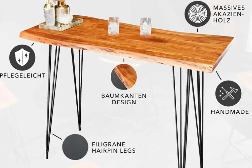 Riess-Ambiente Mehr...|Mehr... > Massivholz Bartisch MAMMUT 140cm natur Akazie Baumkante Metall schwarz Hairpin Legs