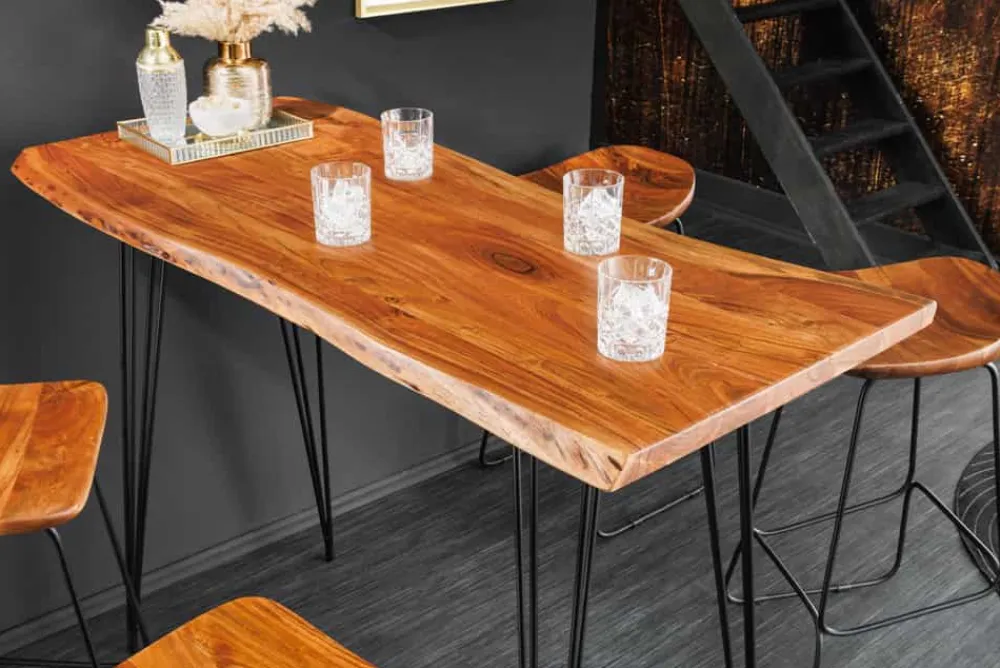 Riess-Ambiente Mehr...|Mehr... > Massivholz Bartisch MAMMUT 140cm natur Akazie Baumkante Metall schwarz Hairpin Legs