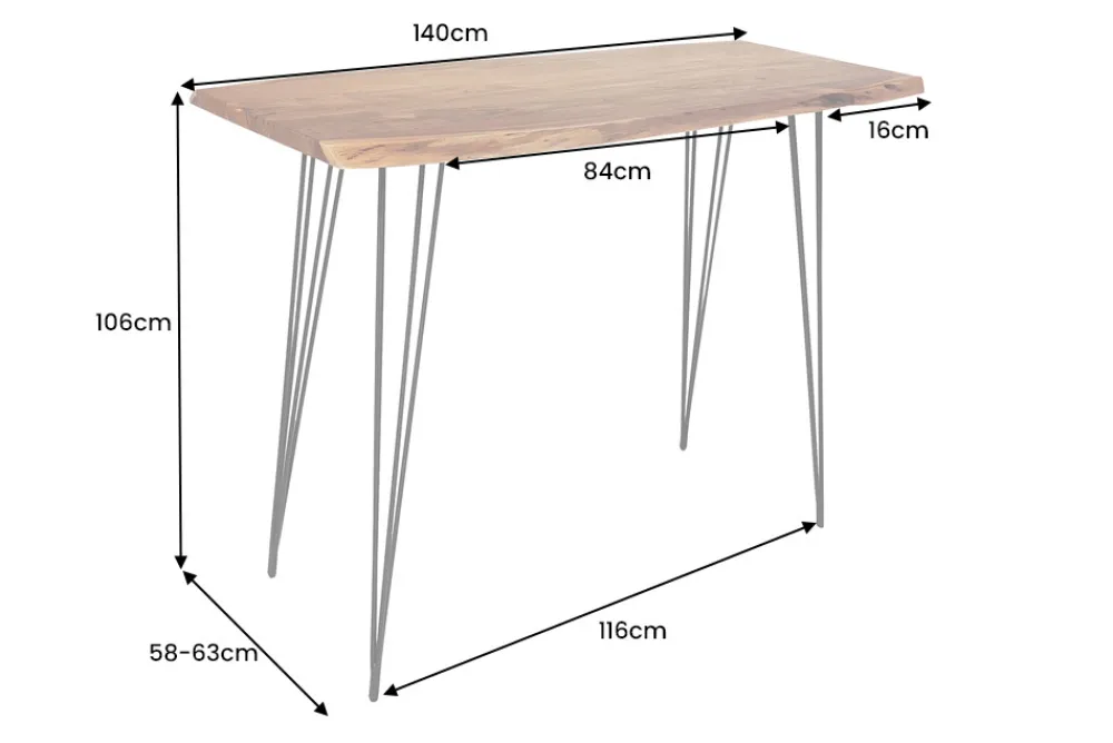 Riess-Ambiente Mehr...|Mehr... > Massivholz Bartisch MAMMUT 140cm natur Akazie Baumkante Metall schwarz Hairpin Legs