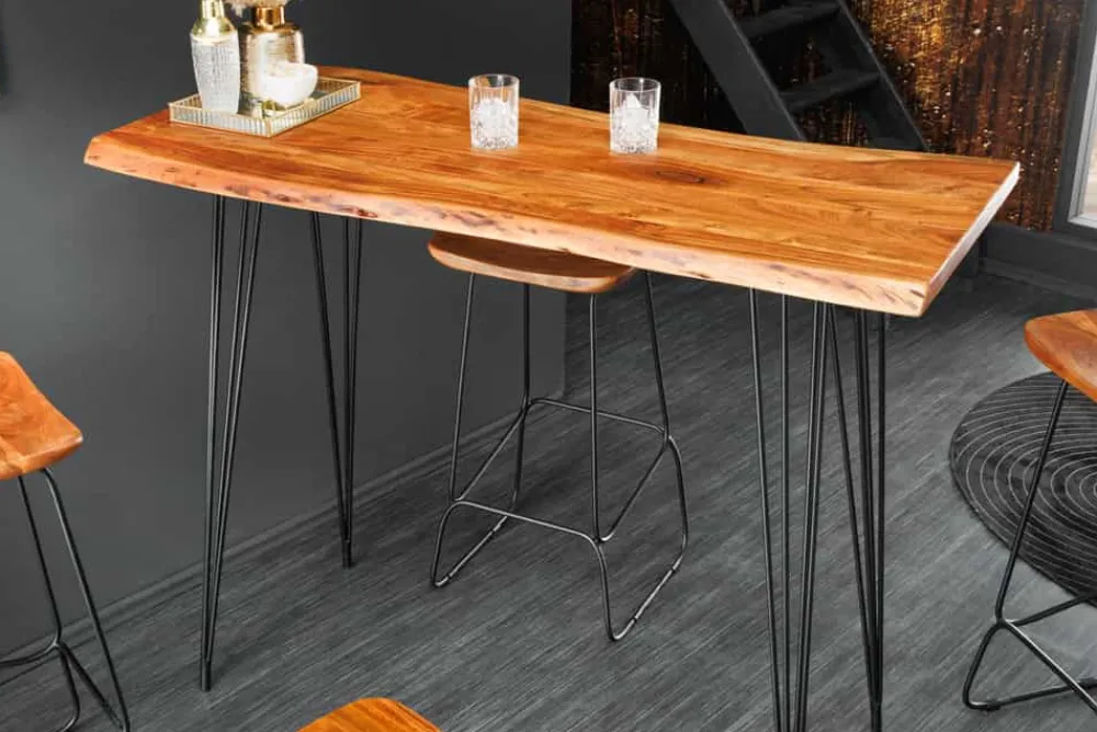 Riess-Ambiente Mehr...|Mehr... > Massivholz Bartisch MAMMUT 140cm natur Akazie Baumkante Metall schwarz Hairpin Legs