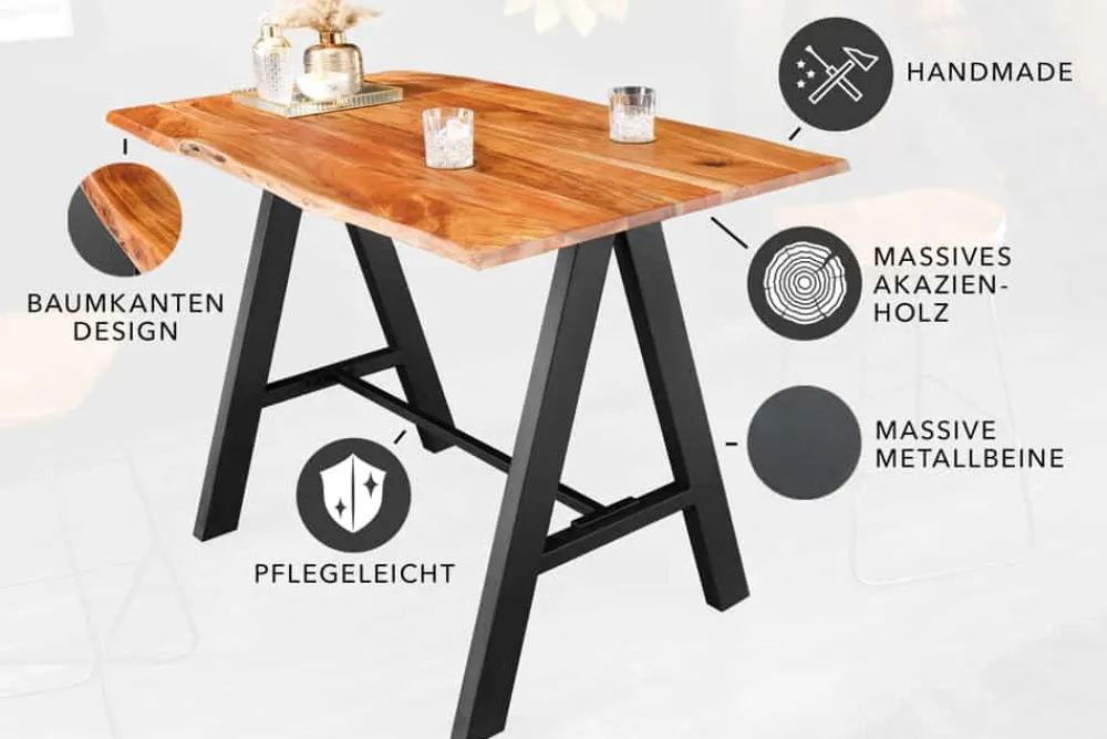 Riess-Ambiente Mehr...|Mehr... > Massivholz Bartisch MAMMUT 120cm natur Akazie Baumkante Metall schwarz mit Fußablage
