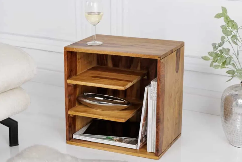 Riess-Ambiente Beistelltische|Mehr... > Massivholz Beistelltisch CUBUS 45cm braun Sheesham stone finish Regal Nachttisch